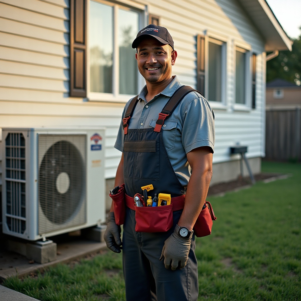 HVAC technician beside an AC unit