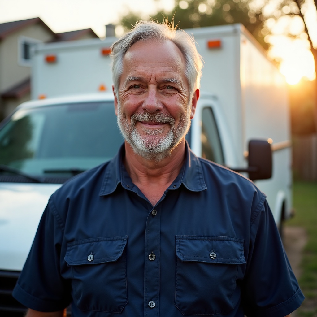 Plumber in front of his service van